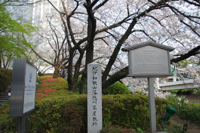 弁慶橋を渡った所、「紀伊和歌山藩徳川家屋敷跡」とある。背後には赤プリ。