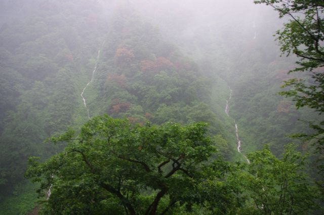 往路はあっただろうか。大雨のためか、切り立った絶壁の山から小さな滝がいくつも流れていた。