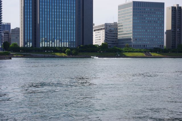 広い川にボートがすごいスピードで走っていた。浅草から豊洲・台場等への水上バスも通る。