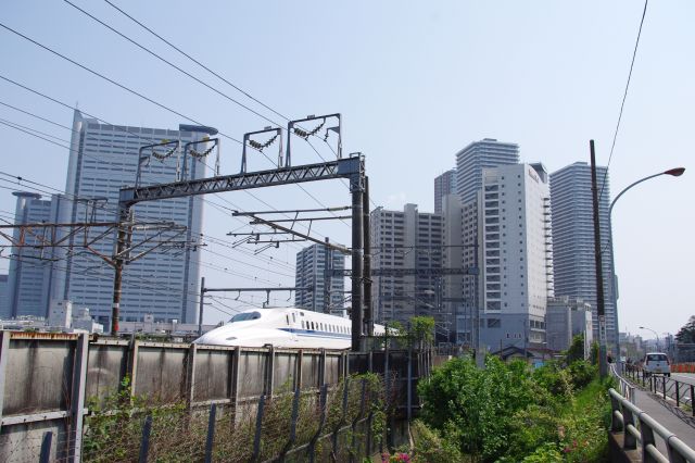 綱島街道へ。北口から数分歩いてきたが、奥に見えるのも横須賀線の「武蔵小杉駅」で、別の駅かのように異様に距離が離れている。左は向河原駅前のNECのビル。