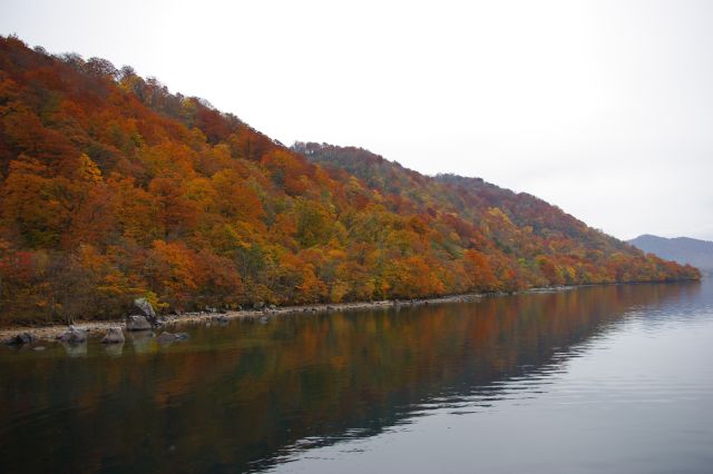 湖周辺の山々は赤・オレンジ色の紅葉が広がる。落ち着いた色ですが広範囲に広がっている。