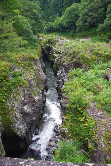 石橋（3つ目の橋）より下流方面。分かりにくいですが溶岩で深く削られたダイナミックな光景。