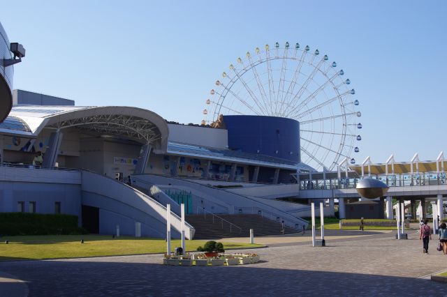 名古屋港水族館。大きな歓声でにぎわっていました。奥の観覧車はシートレインランド。