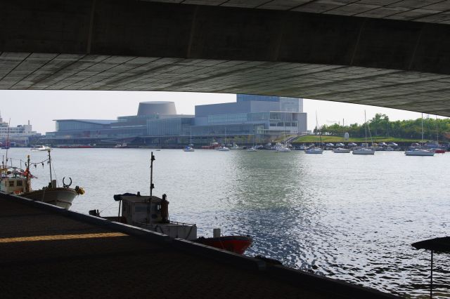 柳都大橋を渡りエレベーターを降りると、川沿いに岸壁が続き小船が並ぶ。朱鷺メッセ方面。