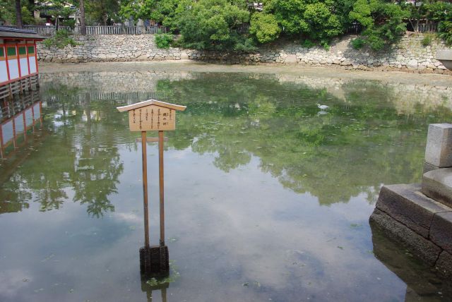 厳島八景の１つ、鏡の池は干潮時に見られる小さな丸い池だが、満潮時もきれいに反射している。