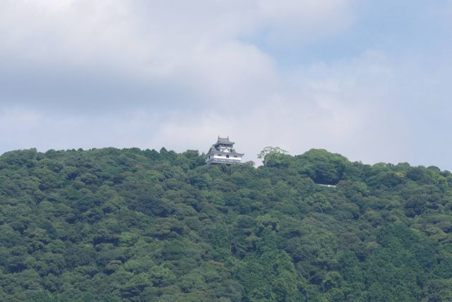 右手の山の上には岩国城。