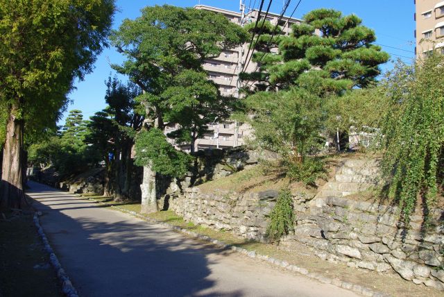 旧徳島城表御殿庭園脇の石垣沿いの道を進みます。