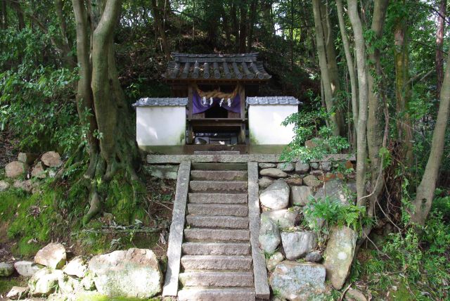 下から見て岩場だった上には岩崎神社。