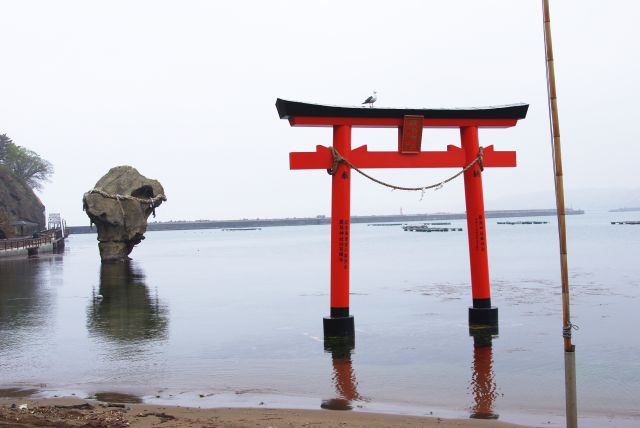 2015年に島の上にある厳島神社の鳥居が瓶子岩に向かって建てられた。