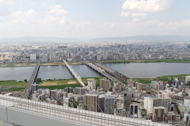 北西側、十三駅方面。阪急線などの橋が架かります。