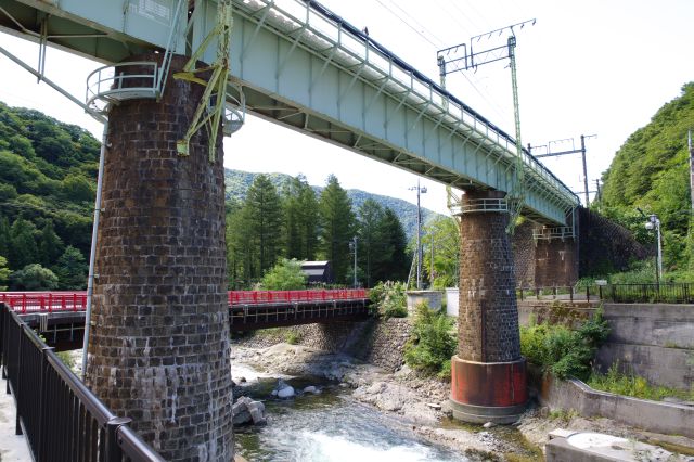 川をまたぐ上越線の橋。列車が通る頻度は低い。