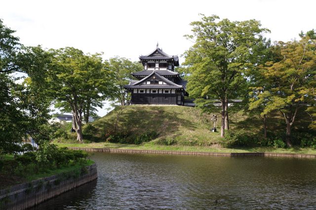 高田公園になっている城跡の堀の一角に三重櫓があります。