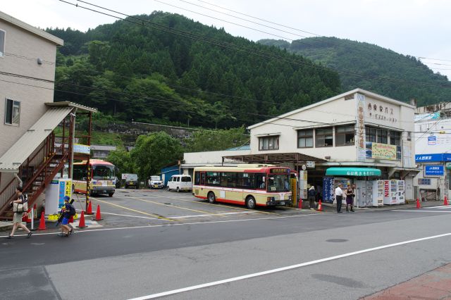 駅の正面に西東京バス氷川車庫とバス停。バスが行き来します。