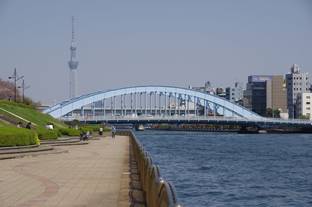 奥には永代橋と東京スカイツリーが見えます。