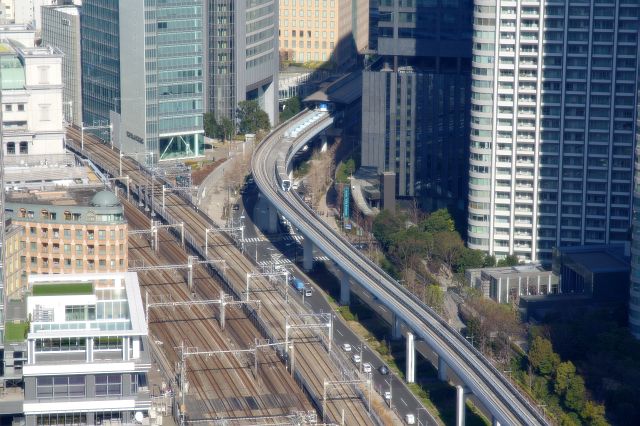 山手線、京浜東北線、東海道線、東海道新幹線、ゆりかもめが並走します。