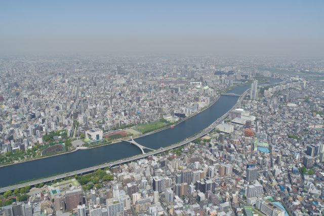北側も広大な景色。南千住～綾瀬辺り。隅田川に印象的な桜橋。
