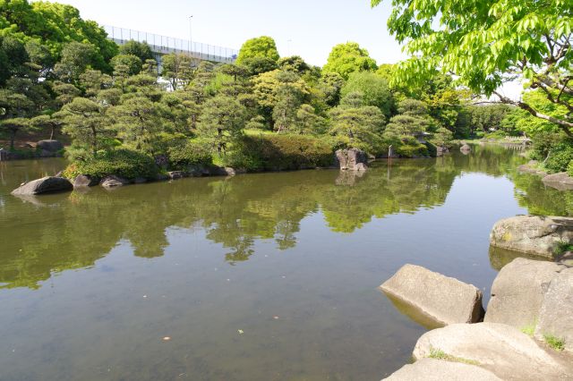 池の方へ。日本庭園の趣のある風景です。
