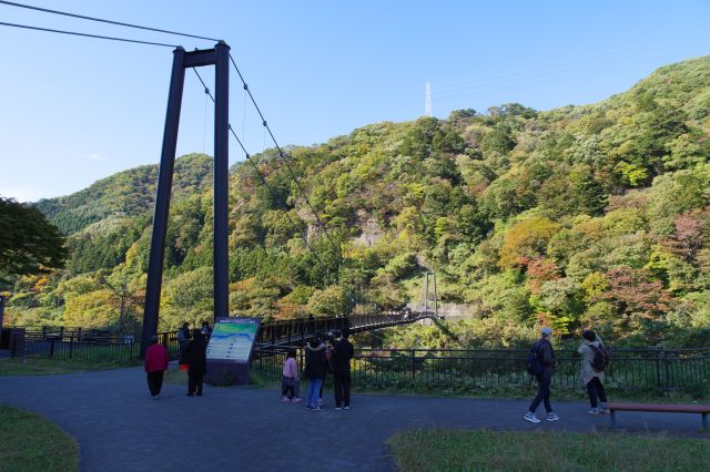 鬼怒川に架かる140mの人道橋の吊り橋です。