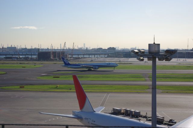 飛行機が着陸してきた。滑走路の向こうは（２００９年時点で）建設中の国際線ターミナル。大規模な工事をしている様子が伺える。奥の背の高い建物は横浜ランドマークタワーが見える。
