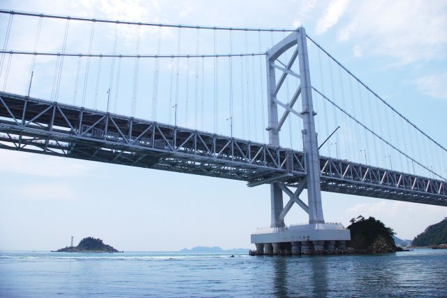 徳島県鳴門市側で高速を降り、船に乗って渦潮見物へ。潮の香りで満たされていました。鳴門大橋を下の方から見上げる。端の土台部分は渦潮への影響を最小限にするために変わった構造になっている。