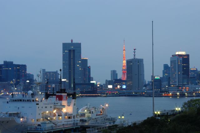 内陸方面。東京タワーが周囲とは違う赤い光を放っていてとても目立つ。都市や船もライトが増えてきて、夜景へと変化していく。