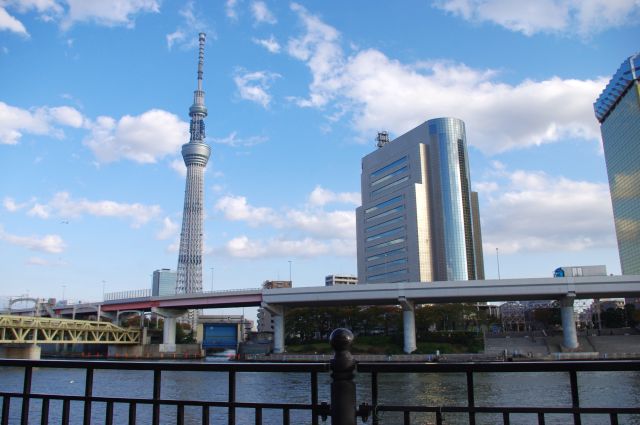 浅草寺から東武伊勢崎線の浅草駅を過ぎて隅田川へと出る。隅田川と首都高の向こうにスカイツリーがそびえ立つ。周囲に高い建物があまりないのでとても存在感がある。