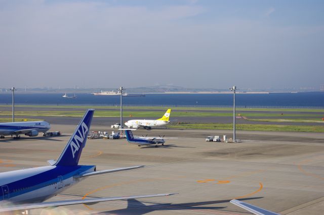 黄色いAirDOの小さめの飛行機。青いＡＮＡ機ばかりの中でかなり目立っていた。奥にはお台場沖に建造中の東京ゲートブリッジが見える。