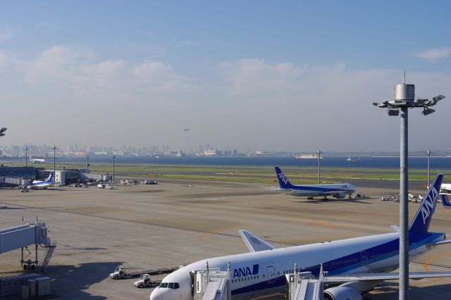 北東側は、空港と海と都会風景。