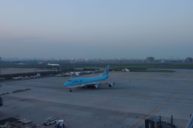 KOREAN AIRが着陸。中国・韓国を中心に多彩な飛行機が見られるので、国際線らしさを実感できる。