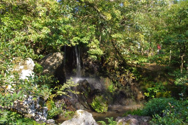 順路を歩き舎利殿や池を離れた所に小さな滝が。