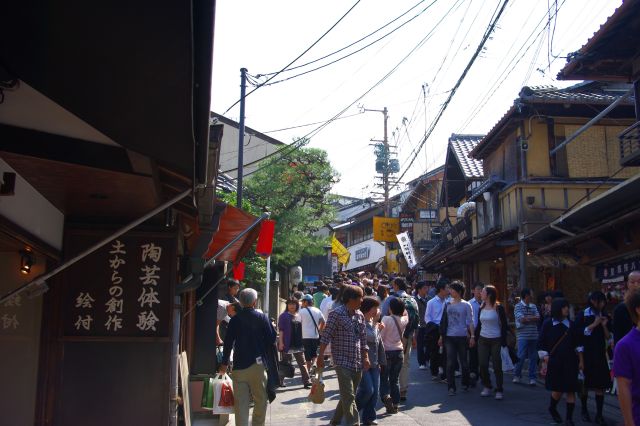 京都駅から市バスで清水坂バス停まで行き、五条坂を歩いていき、松原通に合流するとたくさんの商店が並び、道を歩く人で埋め尽くしていた。
