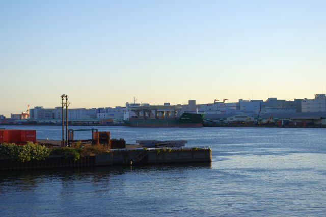 西側の埠頭には大きな倉庫群が続き、大きなコンテナ船も停泊していた。
