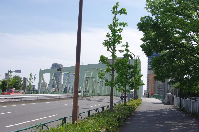 隅田川に架かる相生橋。その付け根部分に中の島の入り口がある。