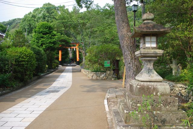 宇治神社横の住宅街の小道を進んでいくと、宇治上神社の鳥居が見えてくる。