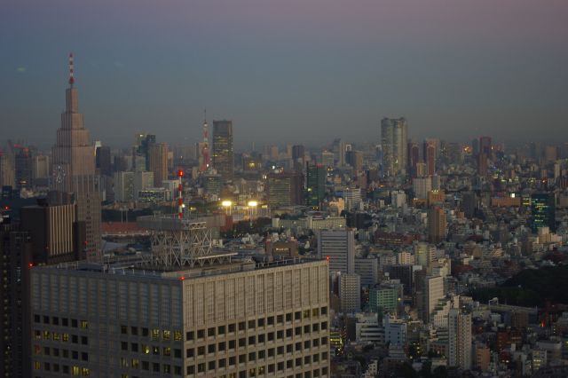 南東側、東京タワーと六本木ヒルズ周辺をズーム。夕方の美しい都市風景と、うっすらと房総半島も見えました。