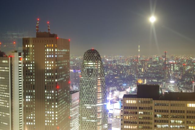 光の大地の中、東京スカイツリーもライトアップ。明るい満月も風景を彩る。（窓映り込み＆青色が飛んでるorz）