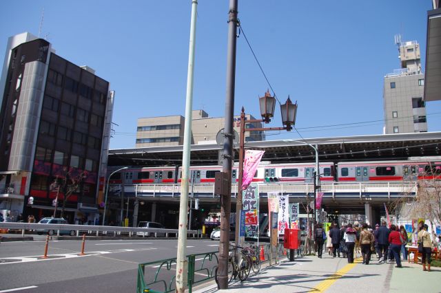 中目黒駅。東横線も桜色。