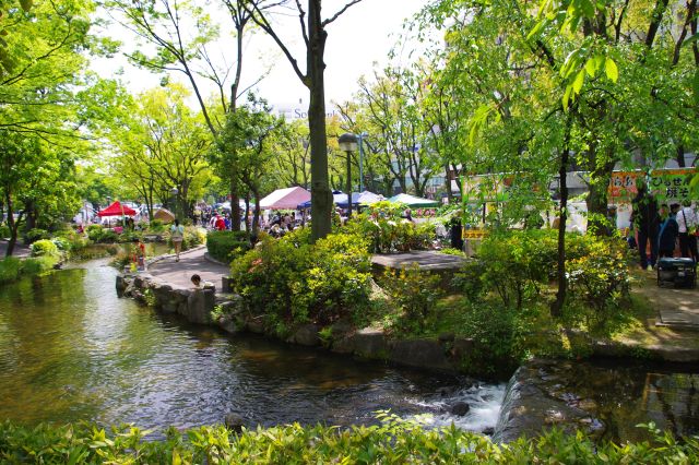 小川が流れ緑豊かで癒される公園内。露店があり多くの人でにぎわっています。