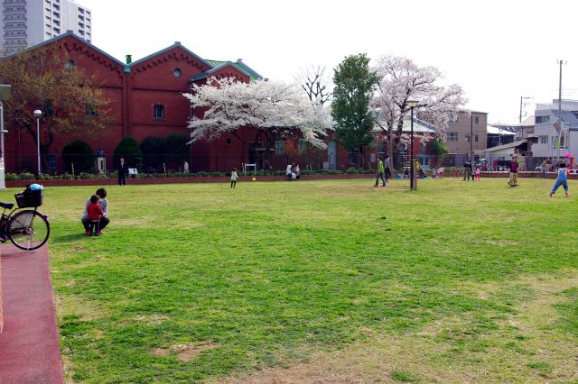 歩道の先には広場があり、子供達がにぎやかに遊んでいました。
