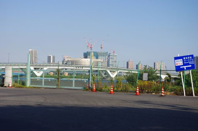 豊洲大橋とビッグドラム。その先でも何か建設中の様子。