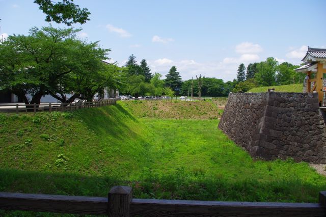 堀の底は雑草の緑色で埋め尽くされています。左側は体育館。