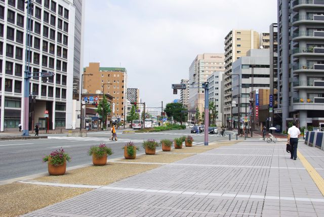 幅広い昭和通り、中洲側。ビルやマンションが立ち並びます。歩道も広くて開放的。