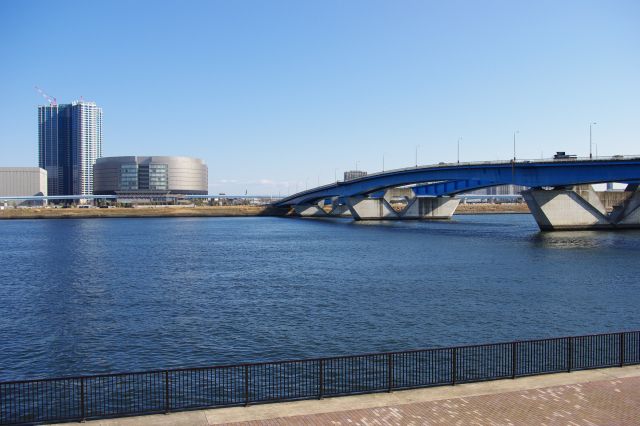 青色の晴海大橋の先はゆりかもめの新豊洲駅周辺。