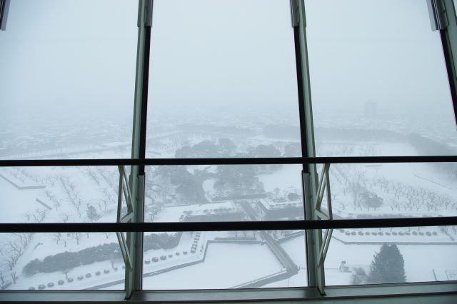 高さ90mのタワーの展望室の２階へ。外は雪で視界が悪いですが五稜郭の星型が確認できました。