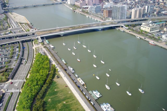 地上からは分かりませんでしたが、柳都大橋付近にはヨットが並んでいました。