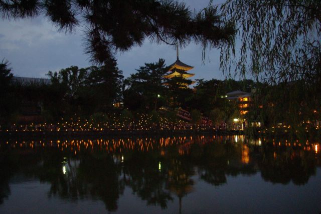 古都の風景とあたたかい灯が池に反射する。