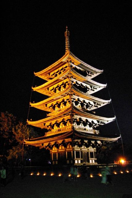 暗闇の中幻想的にライトアップされる興福寺の五重塔。