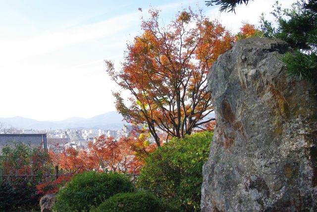 大きな岩と斜面の紅葉。