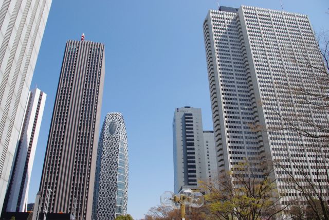 右側には超高層ビル群の先駆け、京王プラザホテル（179.55m）、奥には工学院大学。