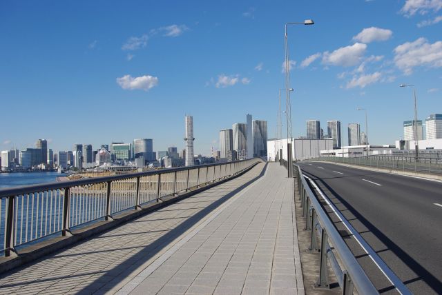 豊洲市場への新しい橋。ジョギングする人や自転車に乗った人も。